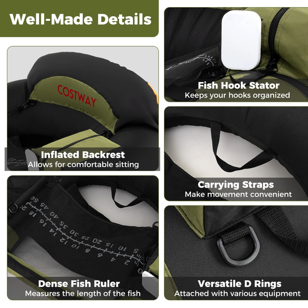 LIVSK Belly Boat - Opblaasbaar met Verstelbare Hengelhouder - Extra Opbergruimte - 150 kg - 111 x 104 x 46 cm - Groen