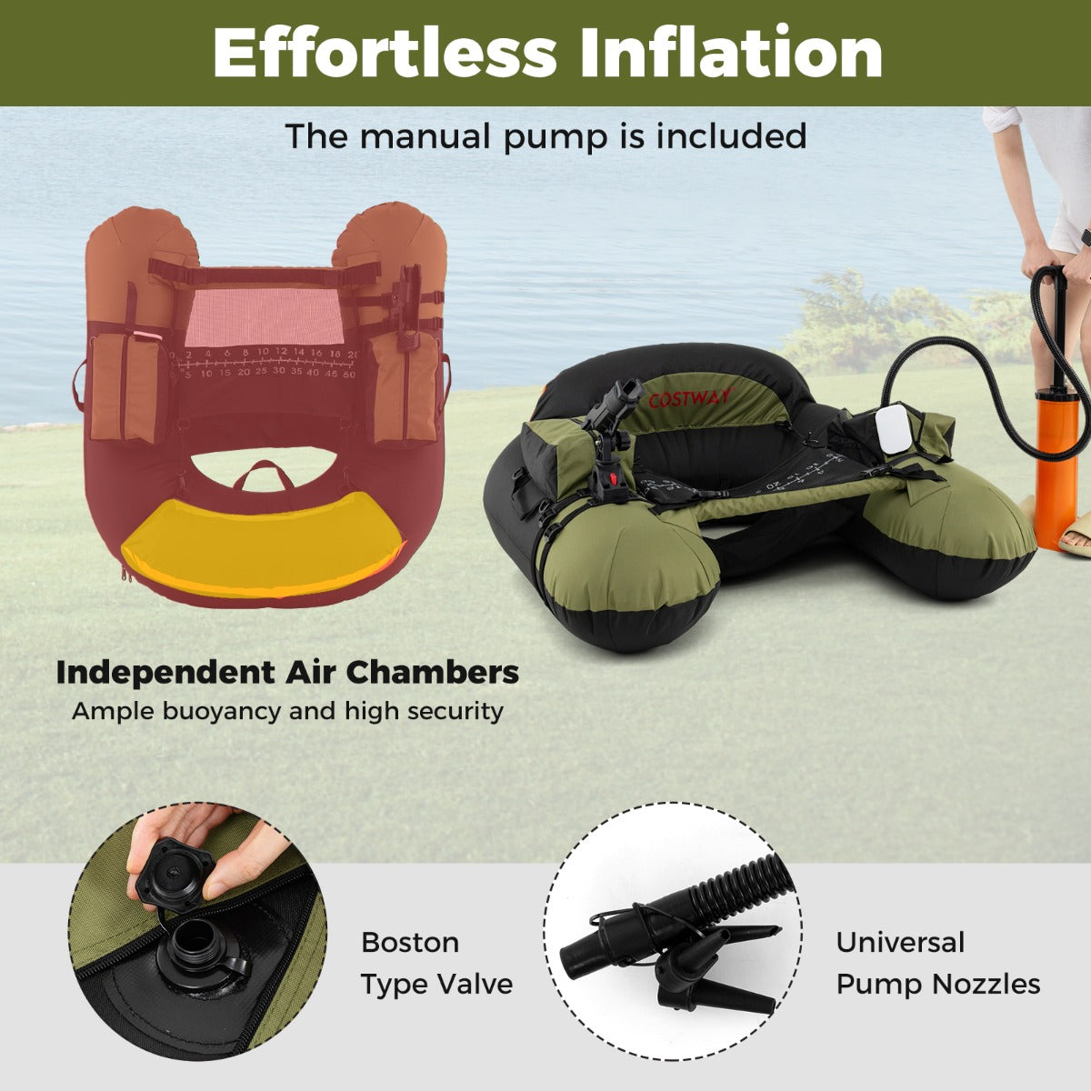 LIVSK Belly Boat - Opblaasbaar met Verstelbare Hengelhouder - Extra Opbergruimte - 150 kg - 111 x 104 x 46 cm - Groen