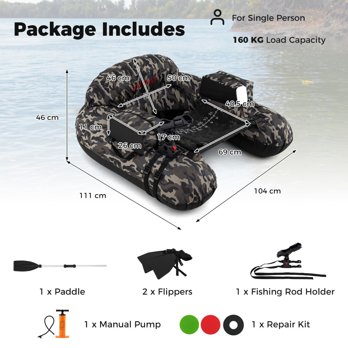 LIVSK Belly Boat met Verstelbare Hengelhouder - Inclusief Peddel en Opbergdozen - 150 kg - Camouflagekleuren