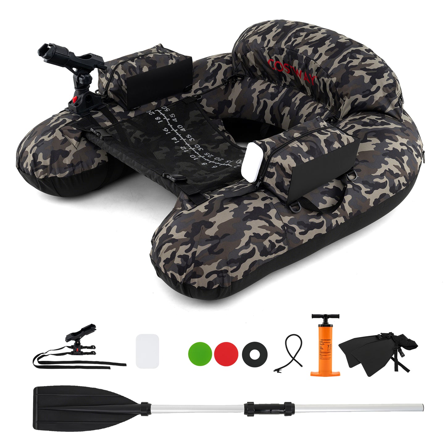 LIVSK Belly Boat met Verstelbare Hengelhouder - Inclusief Peddel en Opbergdozen - 150 kg - Camouflagekleuren