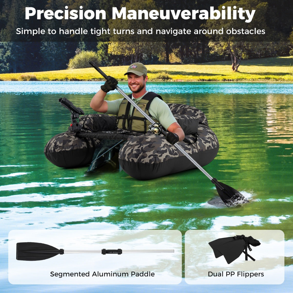 LIVSK Belly Boat met Verstelbare Hengelhouder - Inclusief Peddel en Opbergdozen - 150 kg - Camouflagekleuren
