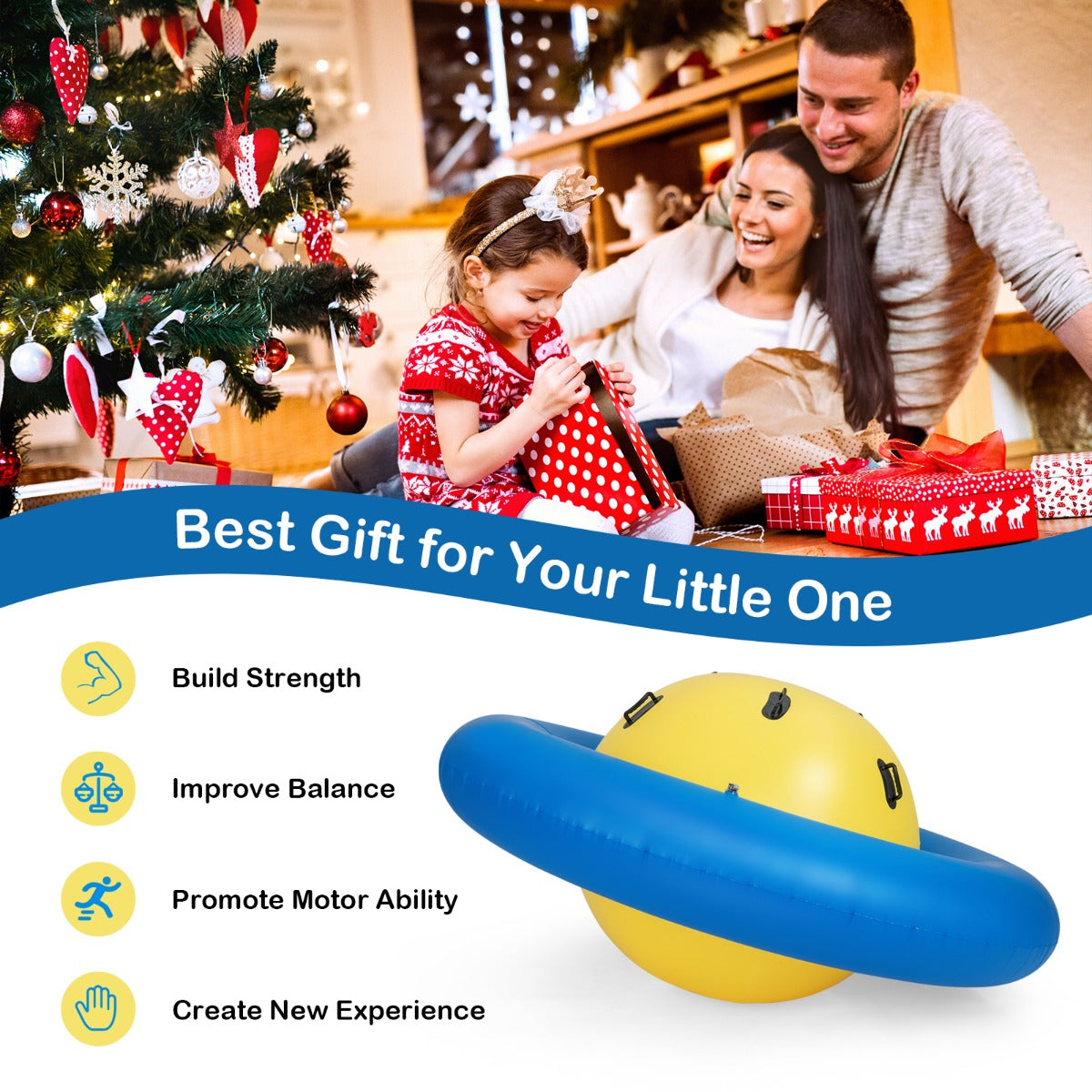 LIVSK Opblaasbare Schommelbal - Ruimteschipvorm - 6 Handvatten - Voor 3 Kinderen - Duurzaam PVC - 233 x 123 cm - Geel + Blauw