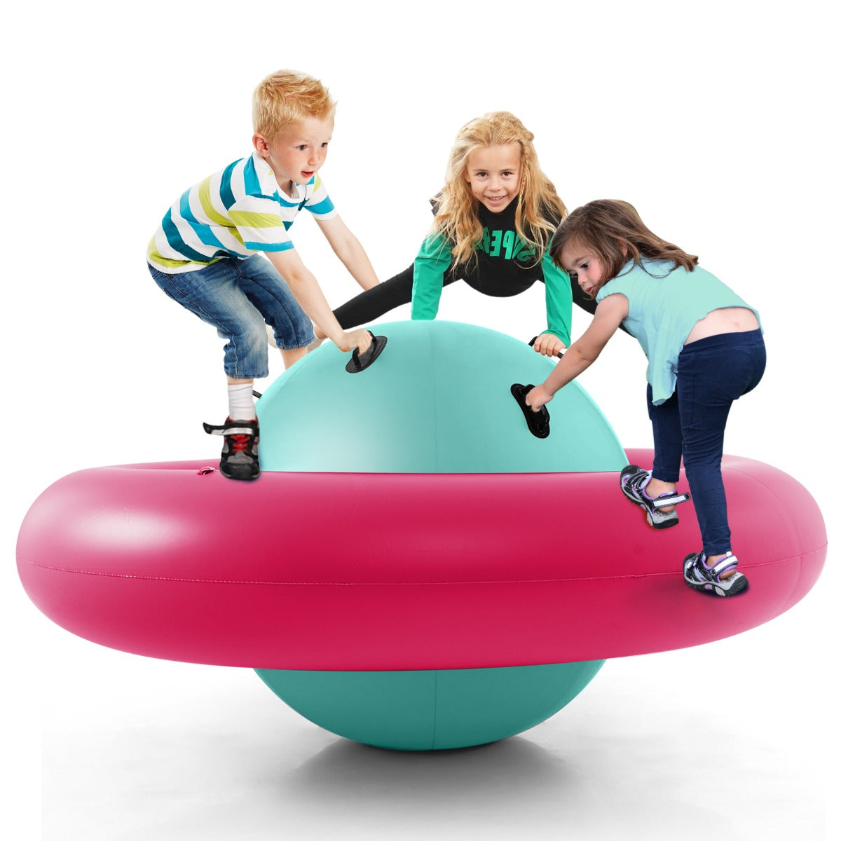 LIVSK Opblaasbare Schommelbal voor Kinderen - Ruimteschipvorm - Duurzaam PVC - Tot 3 Kinderen - 233 x 123 cm - Groen + Roze