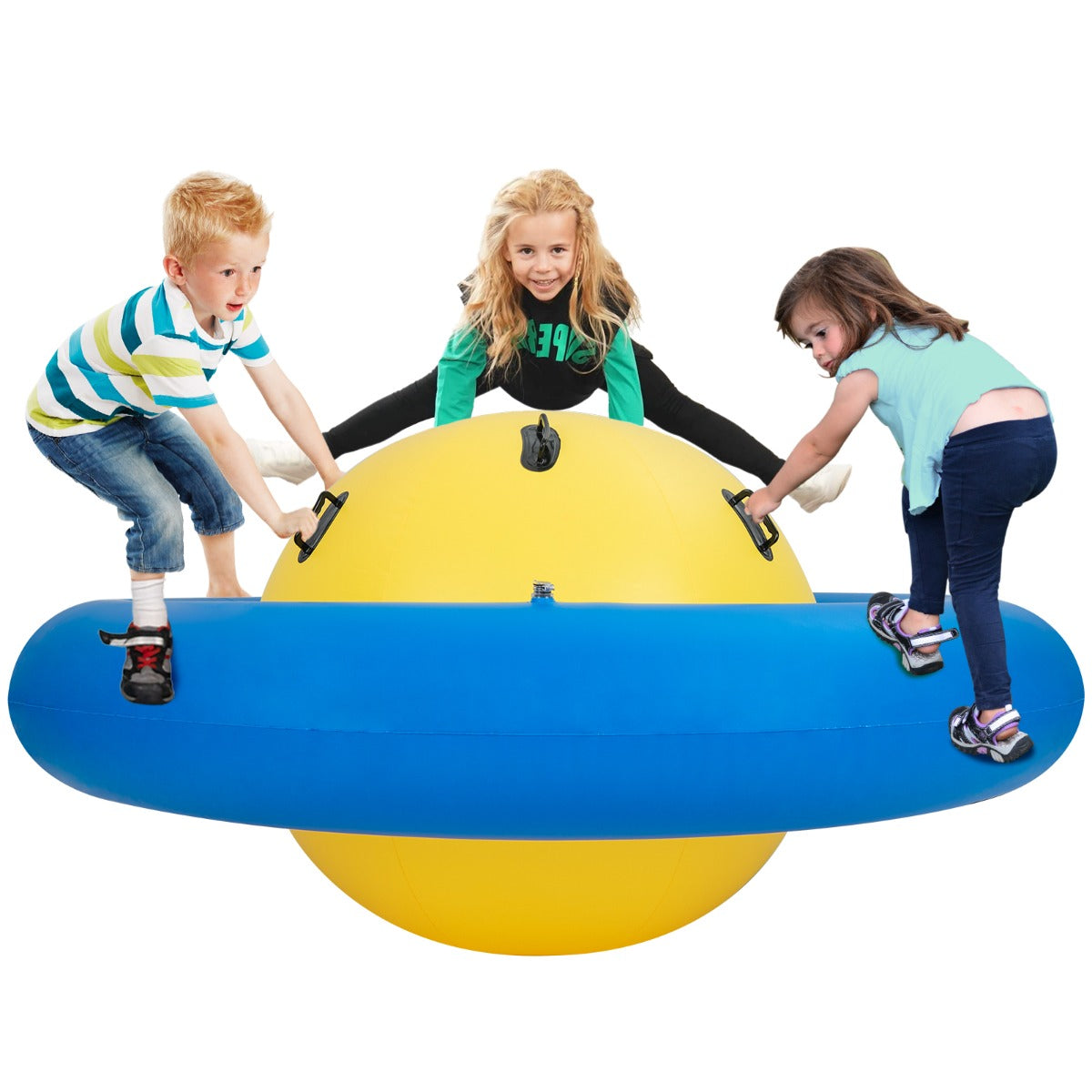 LIVSK Opblaasbare Schommelbal - Ruimteschipvorm - 6 Ergonomische Handvatten - Duurzaam PVC - Maximaal 3 Kinderen - Groen + Blauw