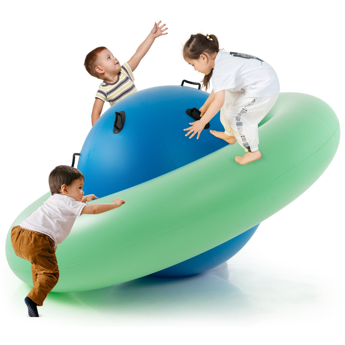 LIVSK Opblaasbare Schommelbal - Ruimteschipvorm - 6 Ergonomische Handvatten - Duurzaam PVC - Maximaal 3 Kinderen - Groen + Blauw