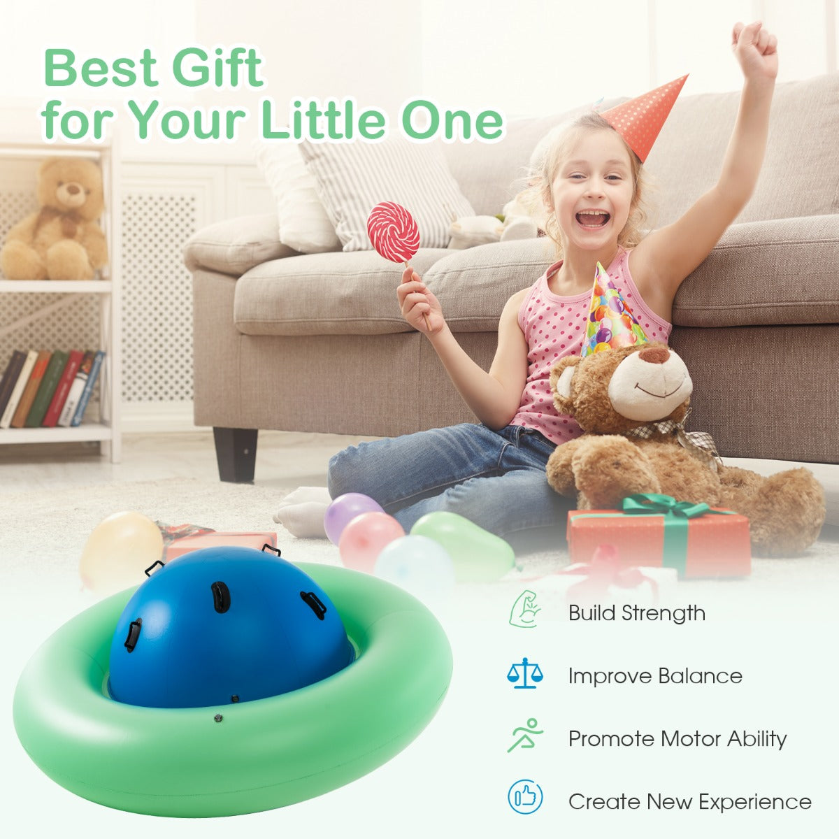 LIVSK Opblaasbare Schommelbal - Ruimteschipvorm - 6 Ergonomische Handvatten - Duurzaam PVC - Maximaal 3 Kinderen - Groen + Blauw