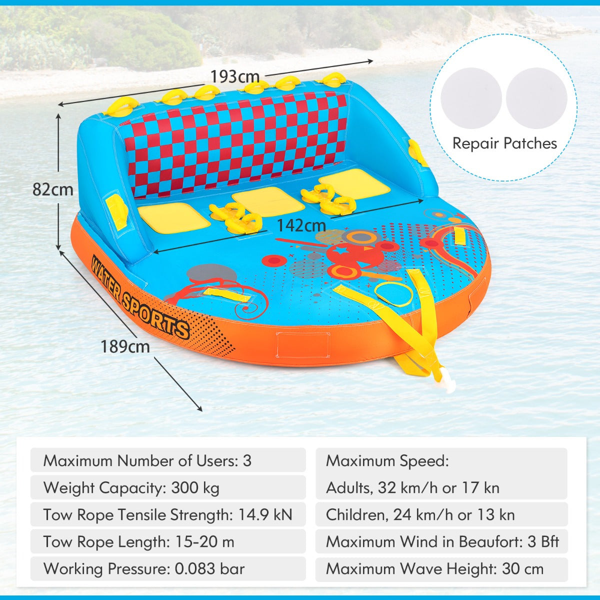 LIVSK Opblaasboot voor 3 Personen - Duurzaam Nylon - 300 kg Draagvermogen - Comfortabele Zitting - Snel Opblazen - Veelkleurig