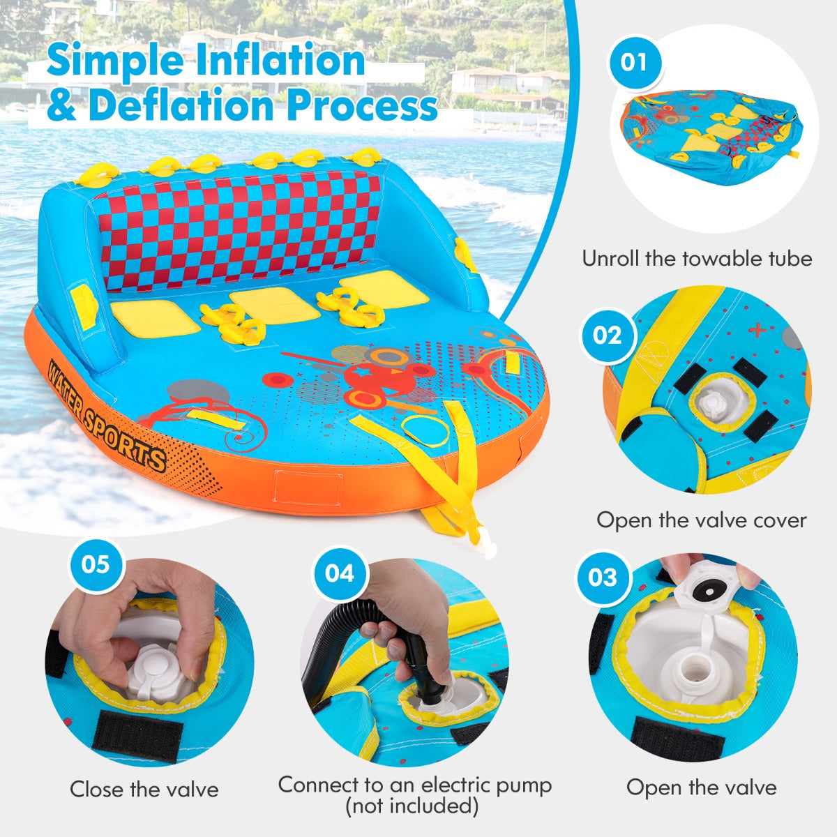 LIVSK Opblaasboot voor 3 Personen - Duurzaam Nylon - 300 kg Draagvermogen - Comfortabele Zitting - Snel Opblazen - Veelkleurig