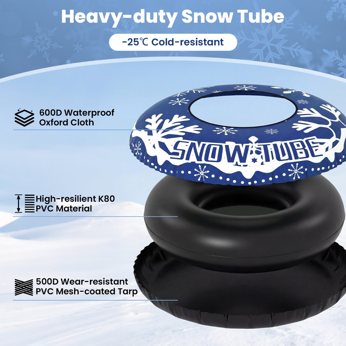 Livsk costway opblaasbare sneeuwboei stevige sneeuwslee van 107 cm met afneembare sleepband blauw 3
