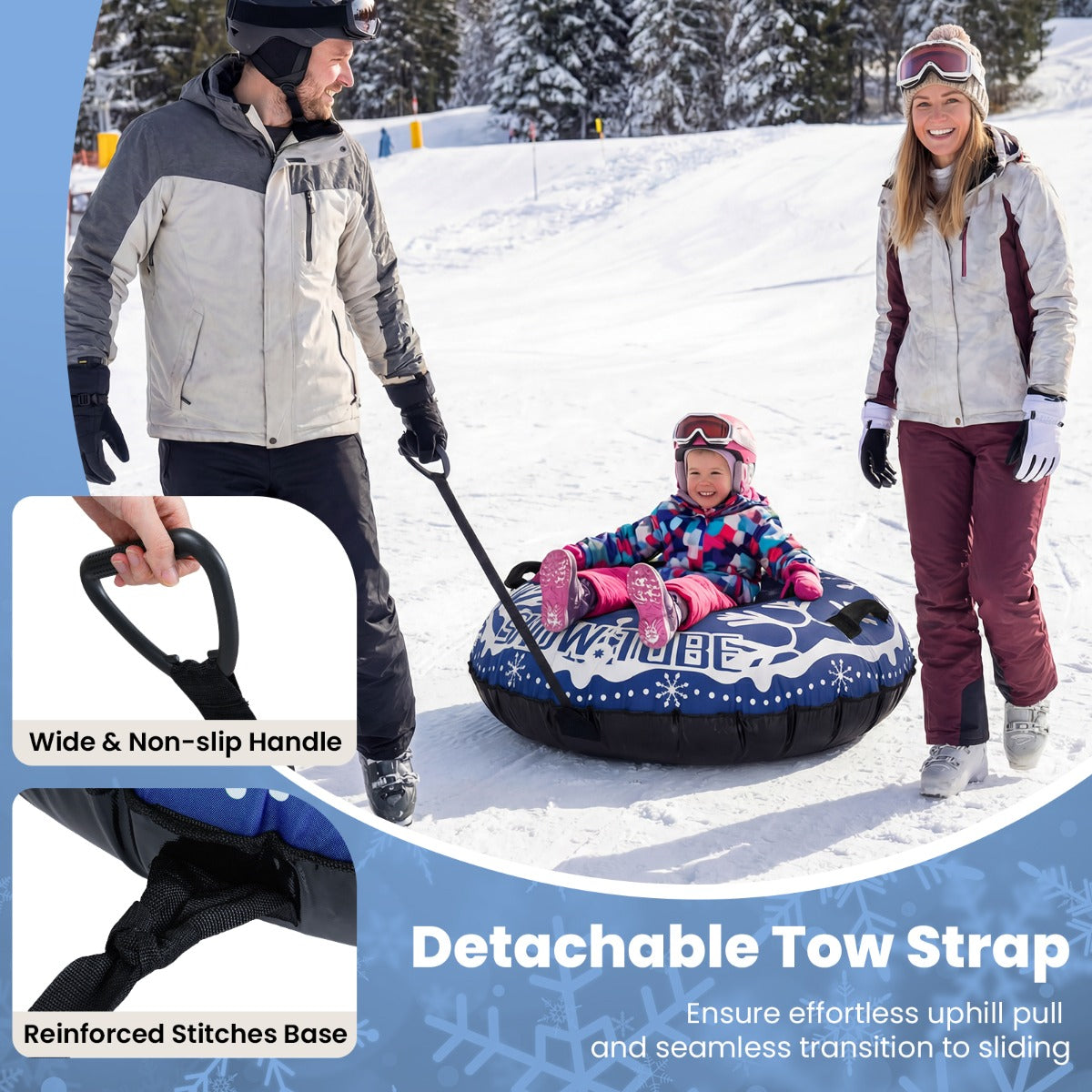Livsk costway opblaasbare sneeuwboei stevige sneeuwslee van 107 cm met afneembare sleepband blauw 4