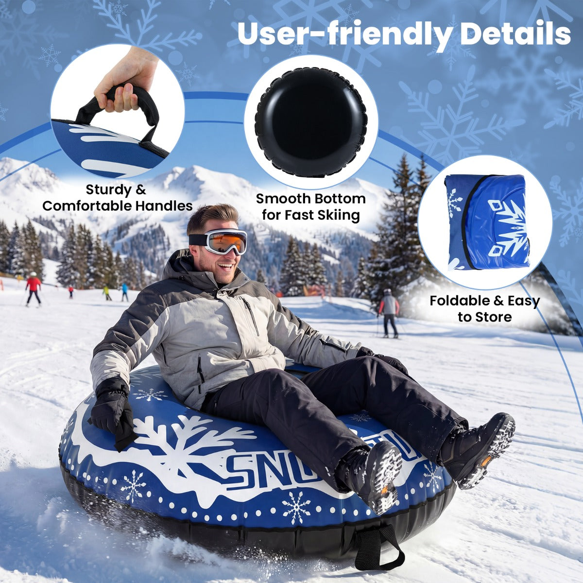 Livsk costway opblaasbare sneeuwboei stevige sneeuwslee van 107 cm met afneembare sleepband blauw 5