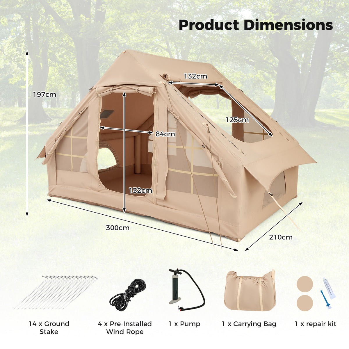 LIVSK Opblaasbare Campingtent voor 4-6 Personen - Windbestendig - 4 Netramen - Inclusief Pomp - 300 x 210 x 197 cm - Beige