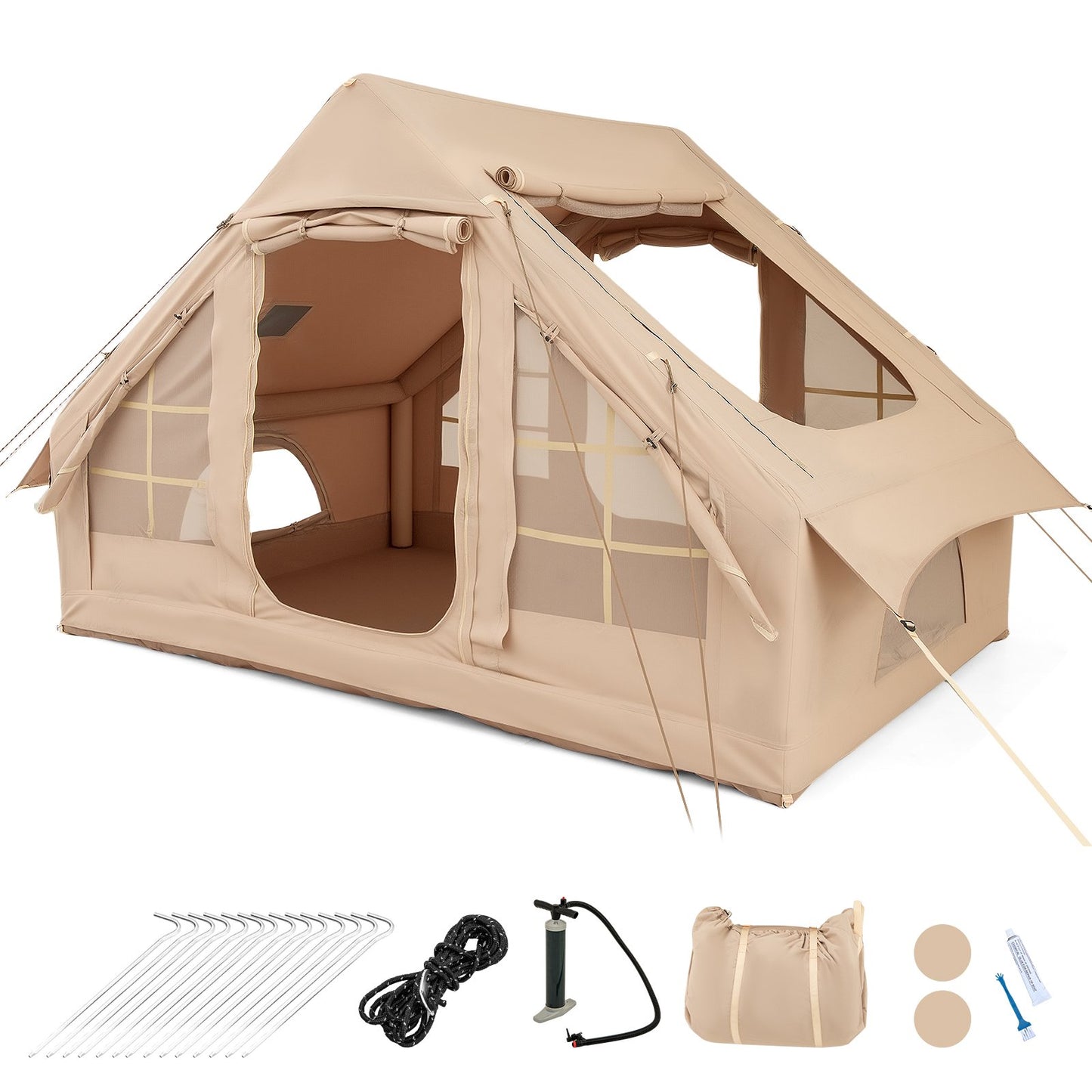 LIVSK Opblaasbare Campingtent voor 4-6 Personen - Windbestendig - 4 Netramen - Inclusief Pomp - 300 x 210 x 197 cm - Beige
