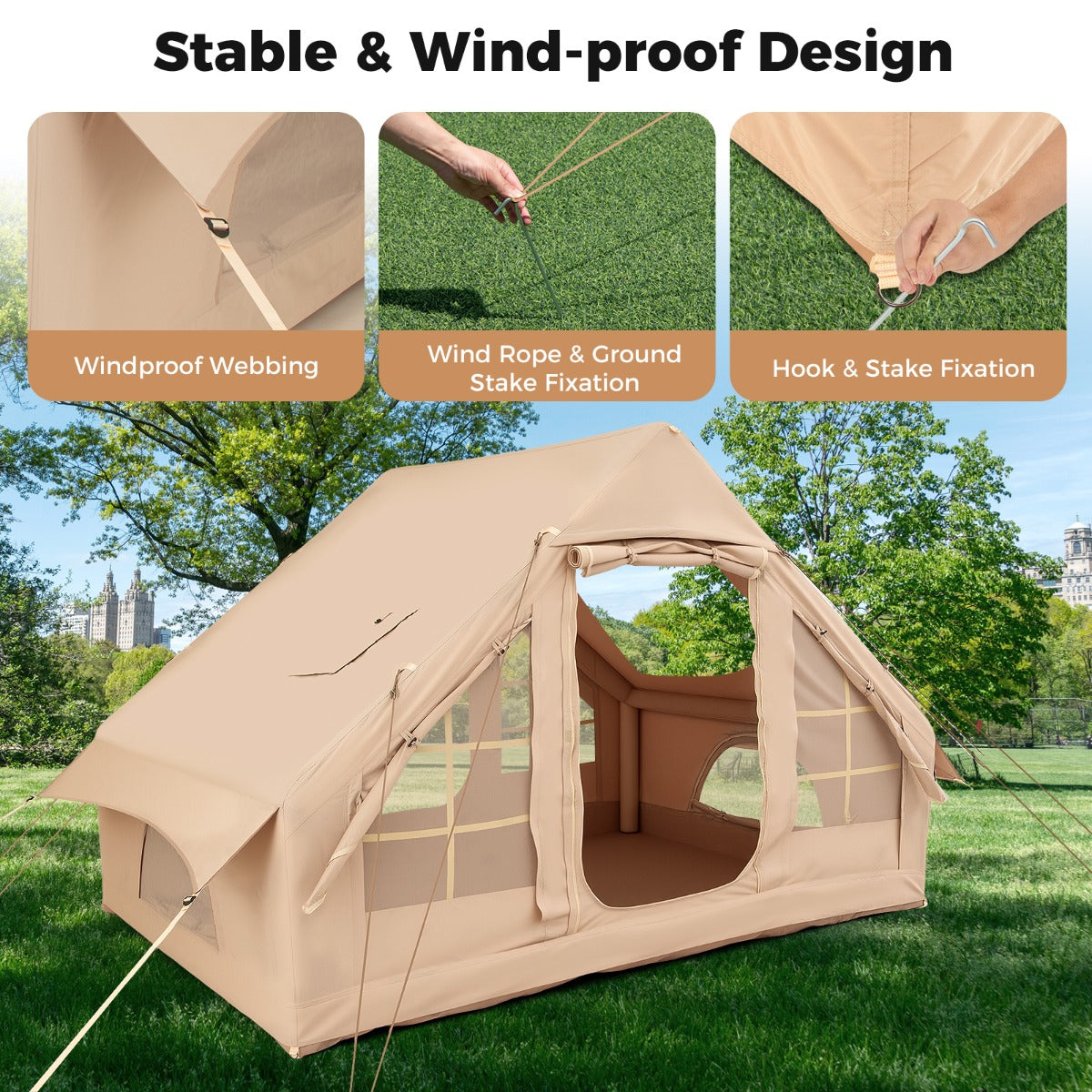 LIVSK Opblaasbare Campingtent voor 4-6 Personen - Windbestendig - 4 Netramen - Inclusief Pomp - 300 x 210 x 197 cm - Beige