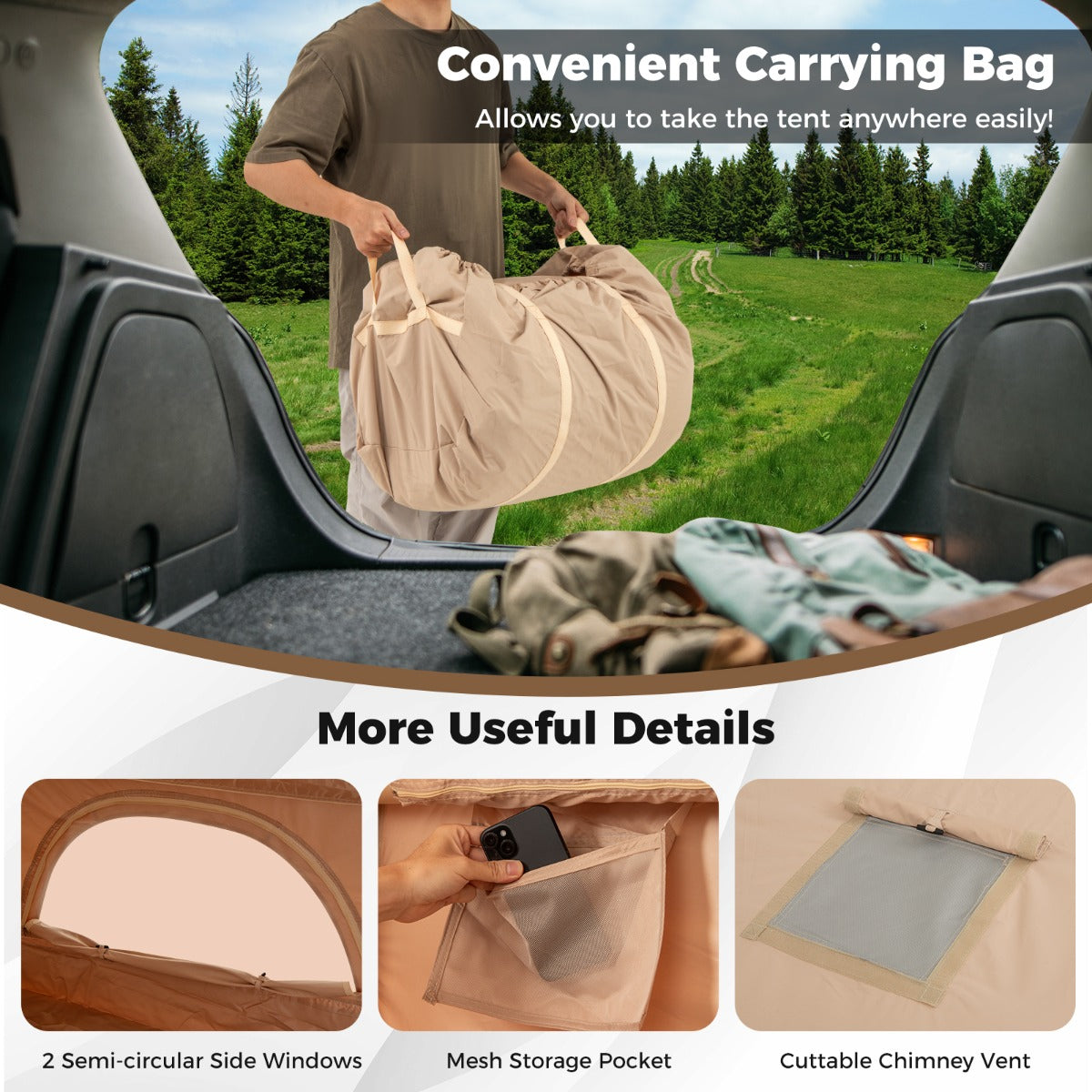 LIVSK Opblaasbare Campingtent voor 4-6 Personen - Windbestendig - 4 Netramen - Inclusief Pomp - 300 x 210 x 197 cm - Beige