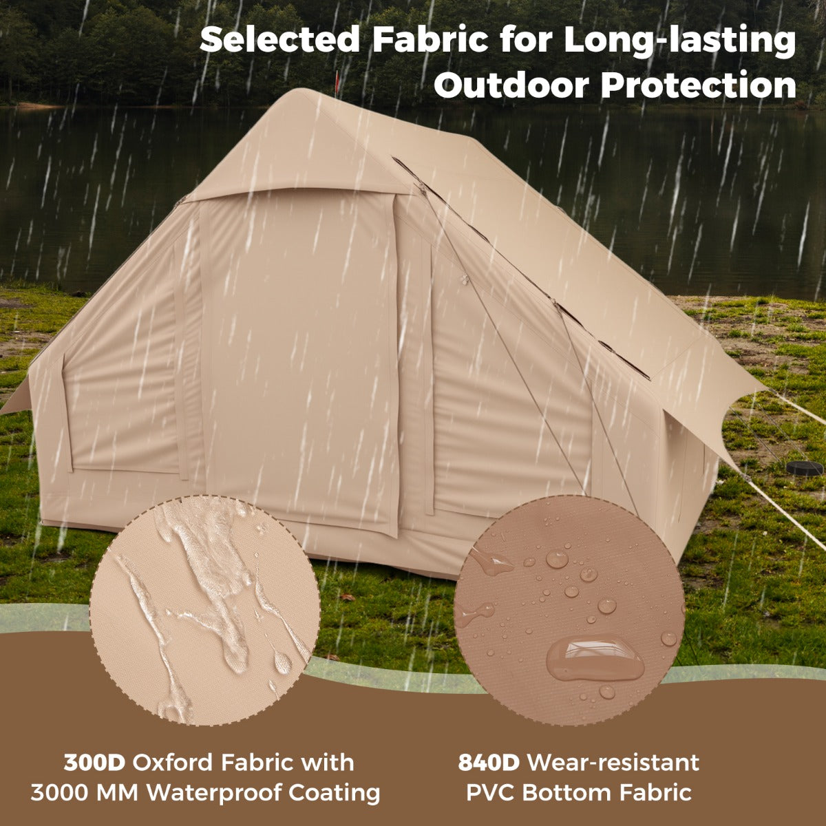 LIVSK Opblaasbare Campingtent voor 4-6 Personen - Windbestendig - 4 Netramen - Inclusief Pomp - 300 x 210 x 197 cm - Beige