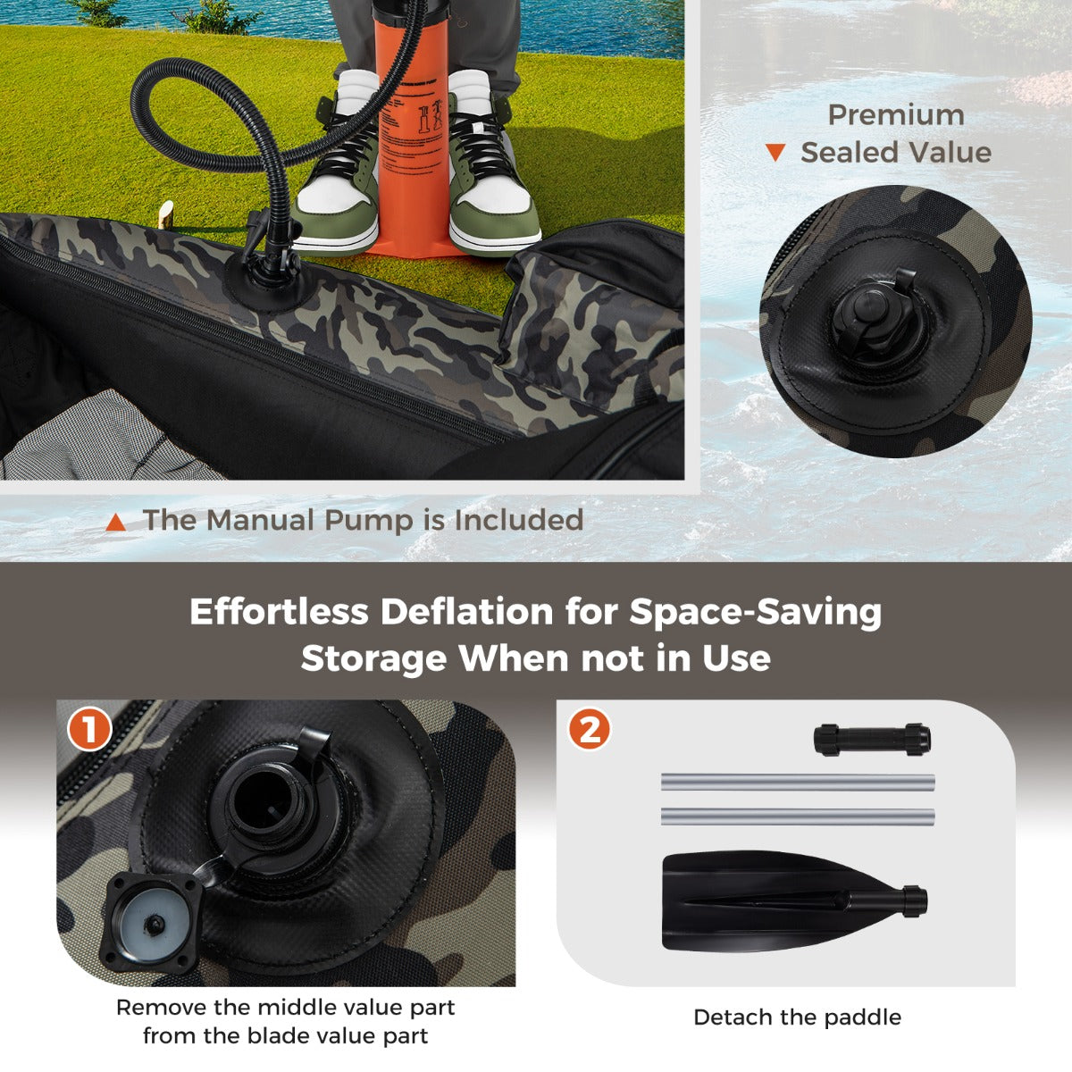 Livsk costway opblaasbare visboei draagbare vissersboot met pomp verstelbare schouderbanden peddel opbergvakken visliniaal hengelhouder camouflage 3