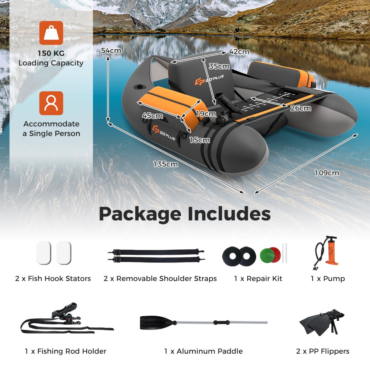 LIVSK Opblaasbare Visboei - Draagvermogen 150 kg - Verstelbare Hengelhouder - Inclusief Opbergnet en Peddel - 135 x 109 x 54 cm -