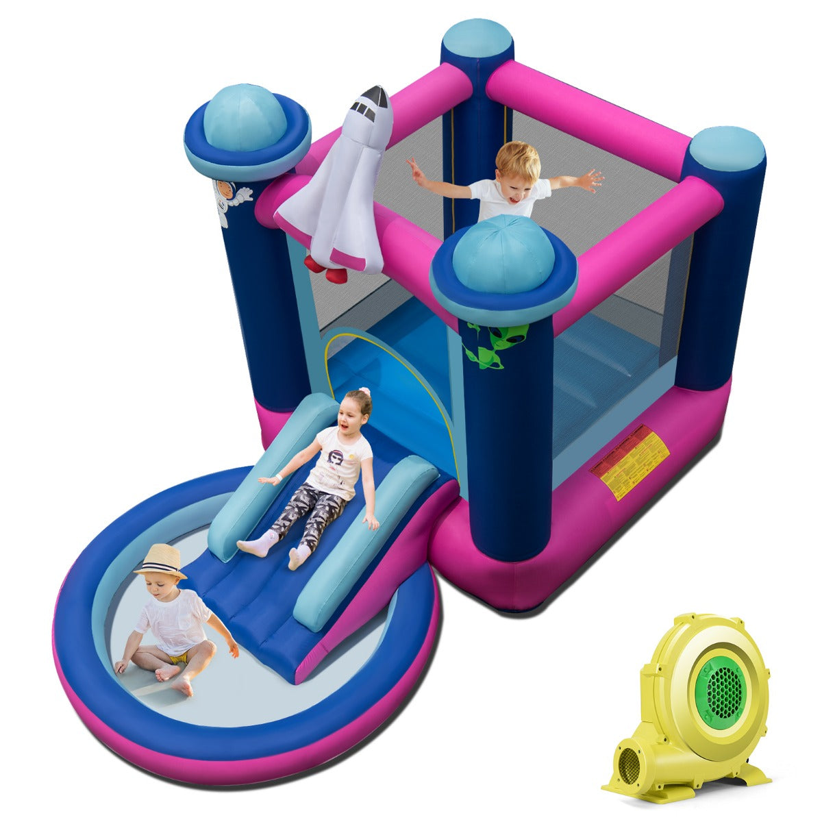 LIVSK Opblaasbare Waterglijbaan met Ruimtethema - Geschikt voor 3 Kinderen - Duurzaam Oxford-Stof - Inclusief Ventilator - Blauw