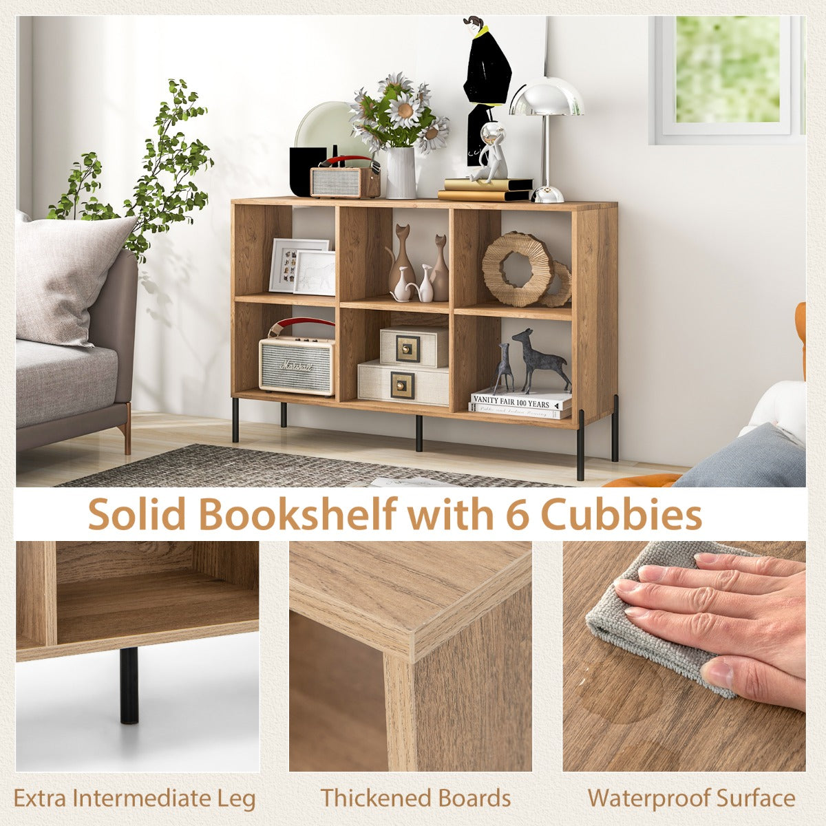 LIVSK Verstelbare Boekenkast - 6 Vakken - Verhoogde Metalen Poten - 150 kg Draagvermogen - Gelamineerd Hout - 120 x 35 x 79,5 cm