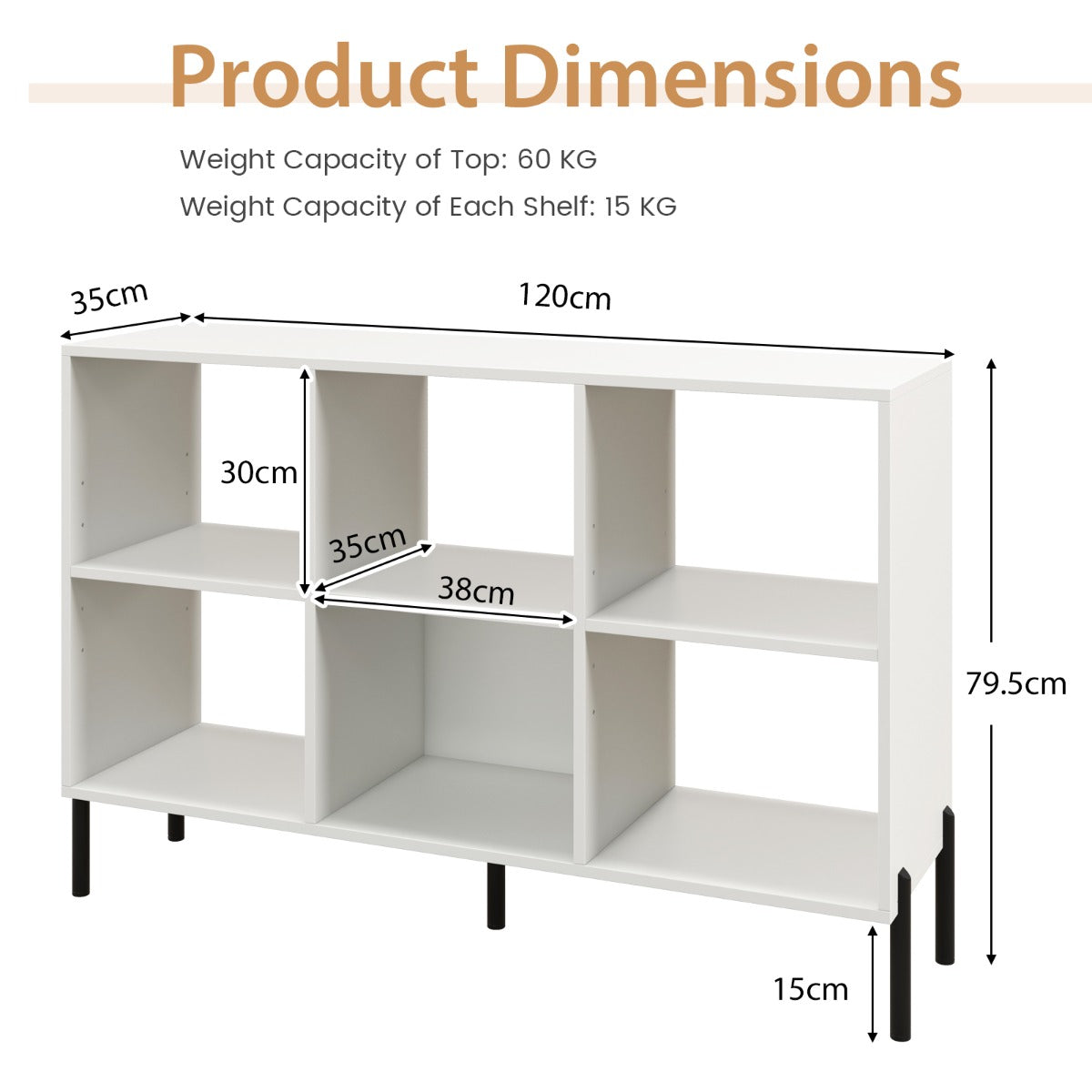 Livsk costway open boekenkast met 6 vakken 2 niveaus hout verhoogde metalen poten 5 positie verstelbare planken anti kantelset voor thuis wit 2