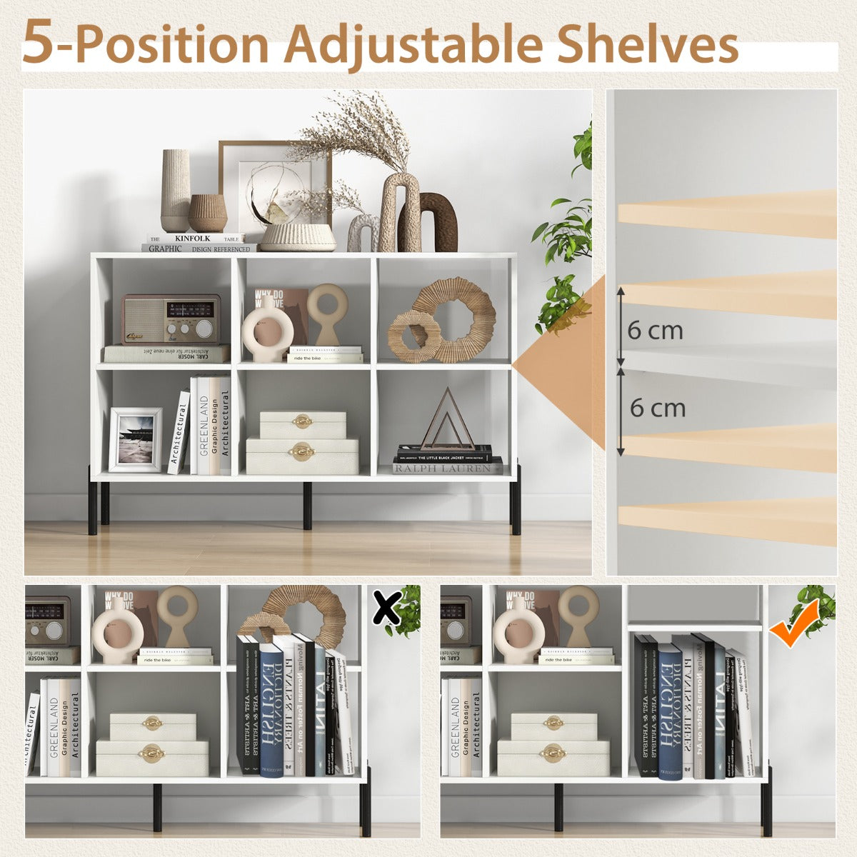 Livsk costway open boekenkast met 6 vakken 2 niveaus hout verhoogde metalen poten 5 positie verstelbare planken anti kantelset voor thuis wit 3