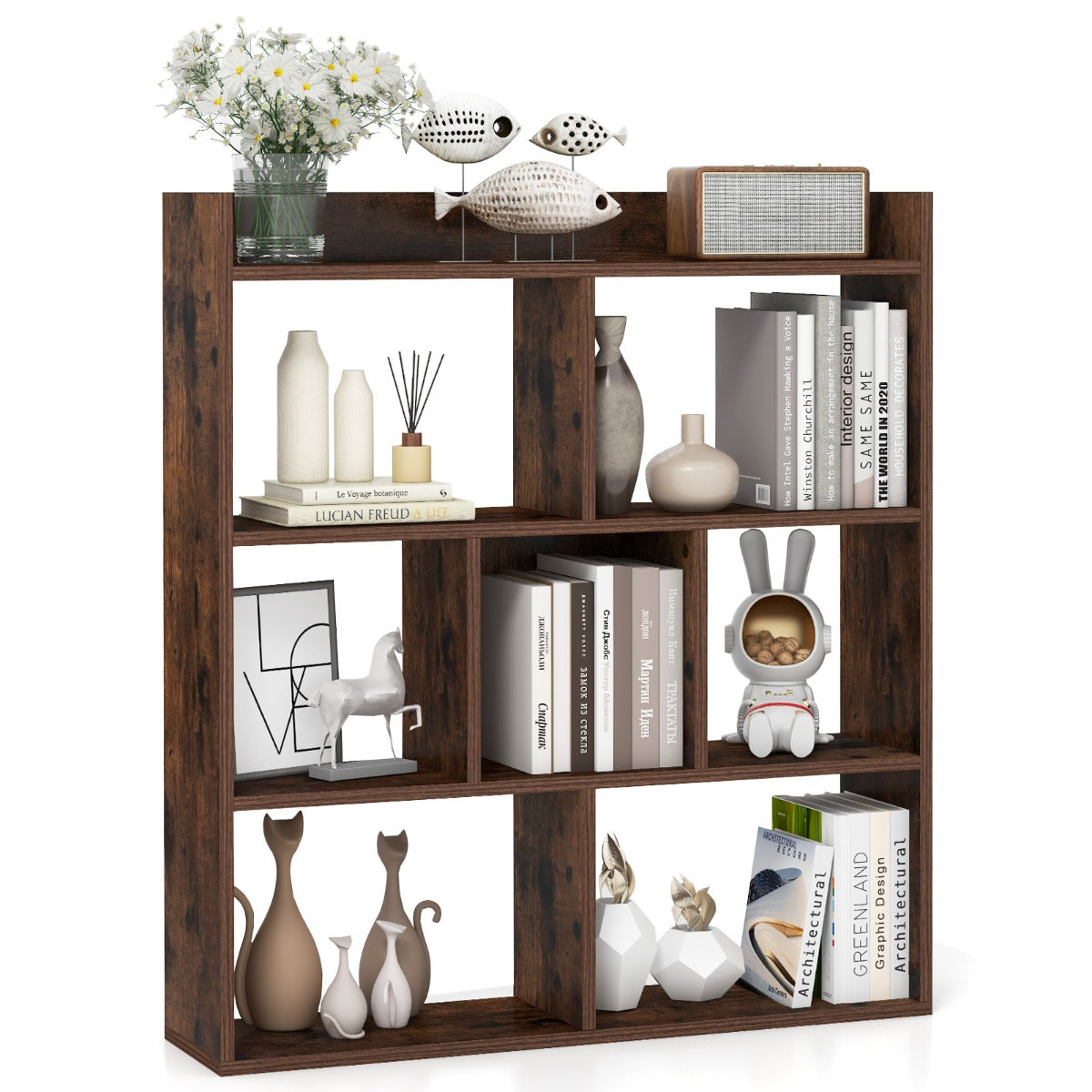 LIVSK Open Boekenkast met 7 Kubussen - Vrijstaand en Duurzaam - Kantelbeveiliging - Modern Design - 80 x 20 x 90 cm - Koffie