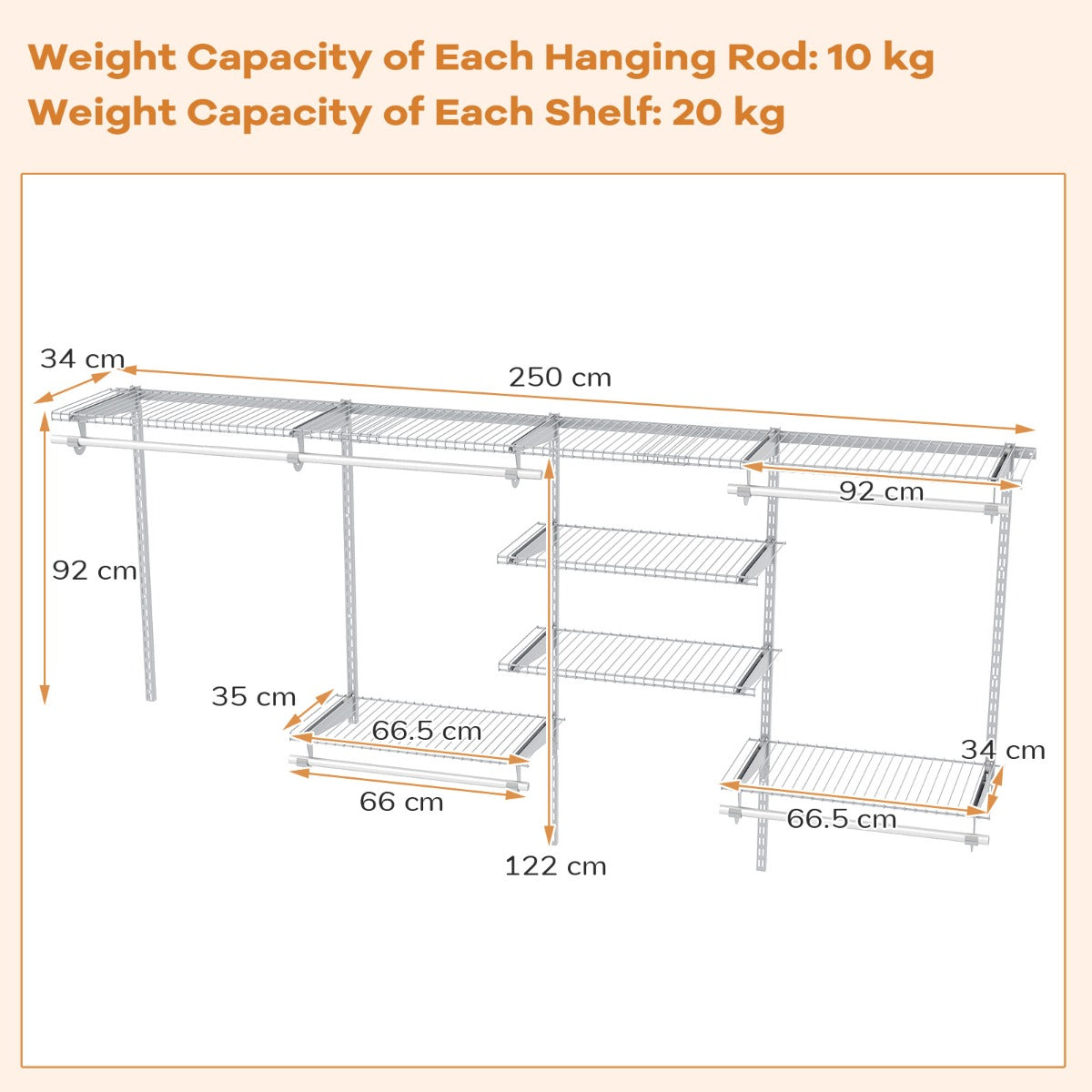 LIVSK Garderobesysteem - 7 Opbergplanken - 5 Kledingrails - Aanpasbaar voor 122-244 cm - Robuust Metaal - Wit