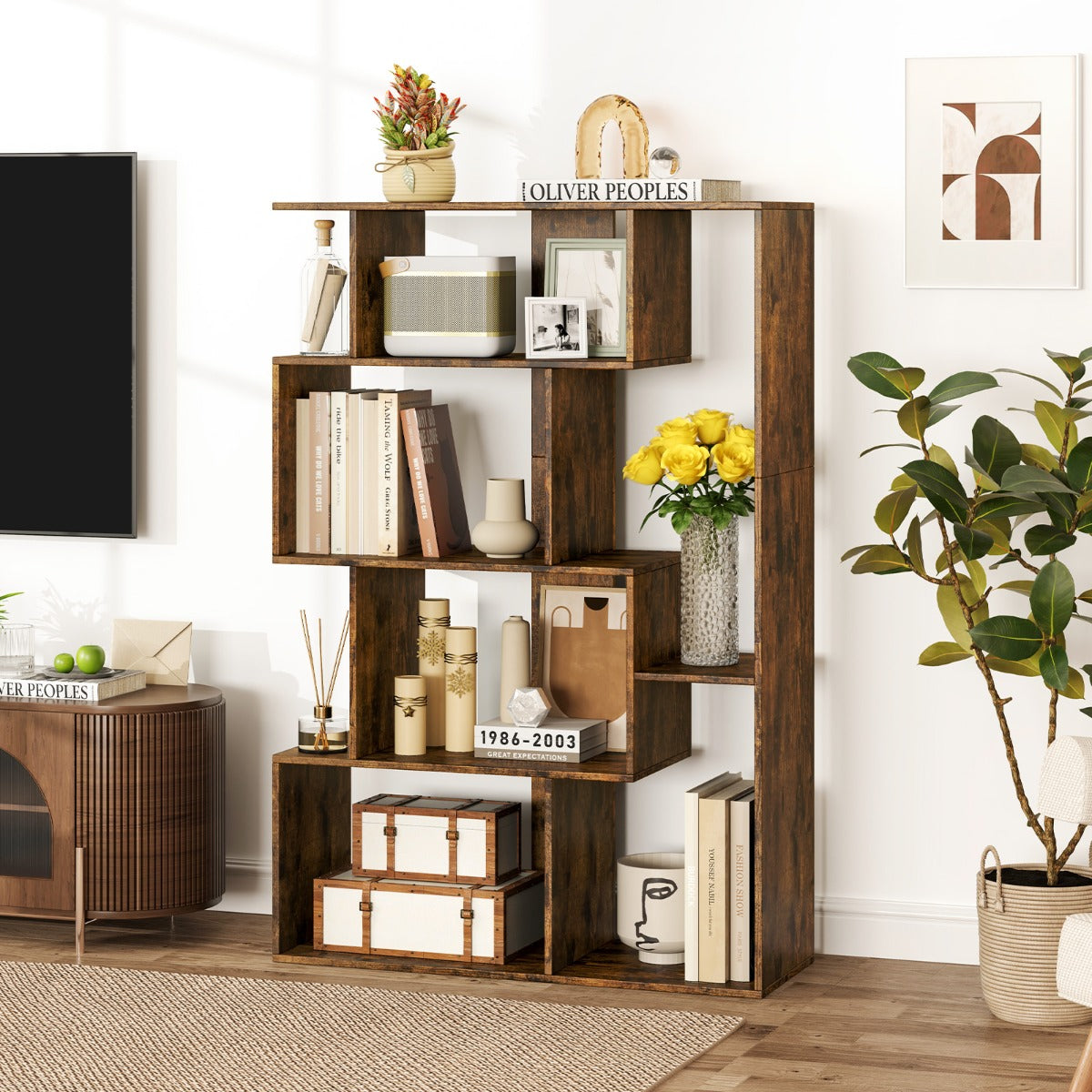 LIVSK Modern Boekenrek 6-vakken - Versterkte Constructie met Kantelbeveiligingen - Antislip Voetjes - Waterdicht - Bruin