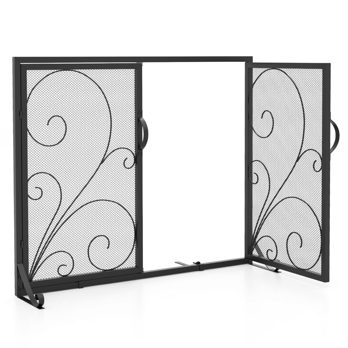 LIVSK Haardscherm met Dubbele Deur - Roest- en Hittebestendig Metaal - Elegant Bloemmotief - 96 x 35 x 78 cm - Zwart