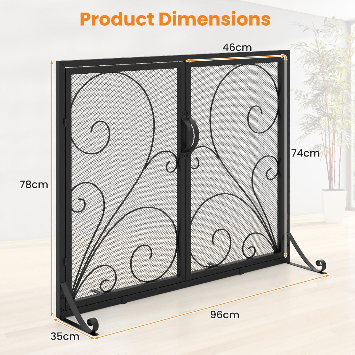 LIVSK Haardscherm met Dubbele Deur - Roest- en Hittebestendig Metaal - Elegant Bloemmotief - 96 x 35 x 78 cm - Zwart
