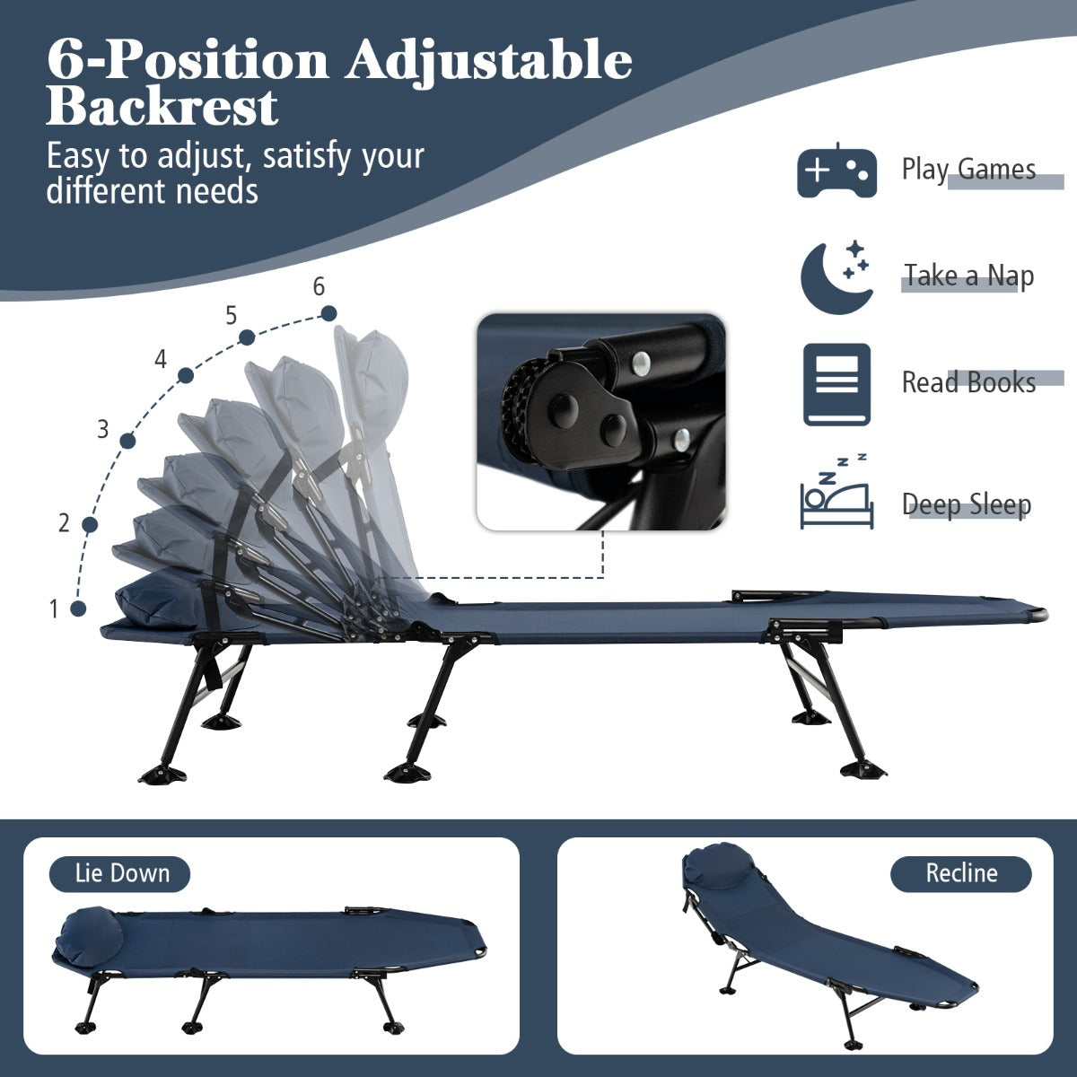 LIVSK Opvouwbare Ligstoel - Verstelbare Rugleuning in 6 Standen - Lichtgewicht en Draagbaar - Tot 200 kg - 194 x 69 x 29 cm -