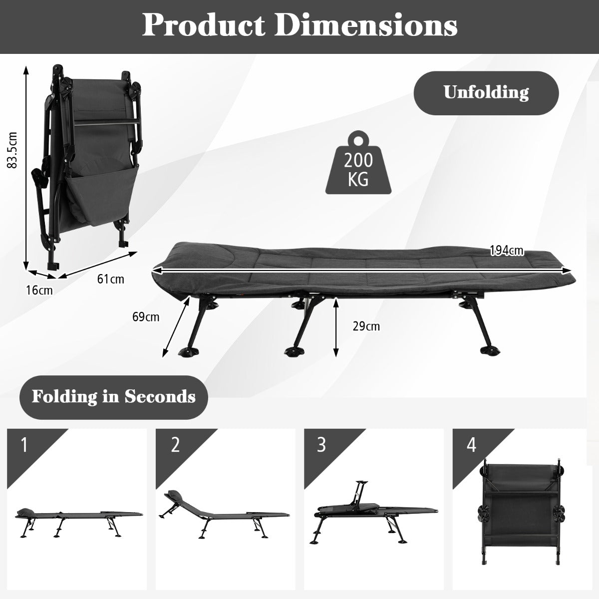 LIVSK Opvouwbaar Campingbed - 6 Verstelbare Standen - Lichtgewicht en Stevig - Draagvermogen tot 200 kg - 194 x 69 x 29 cm - Grijs