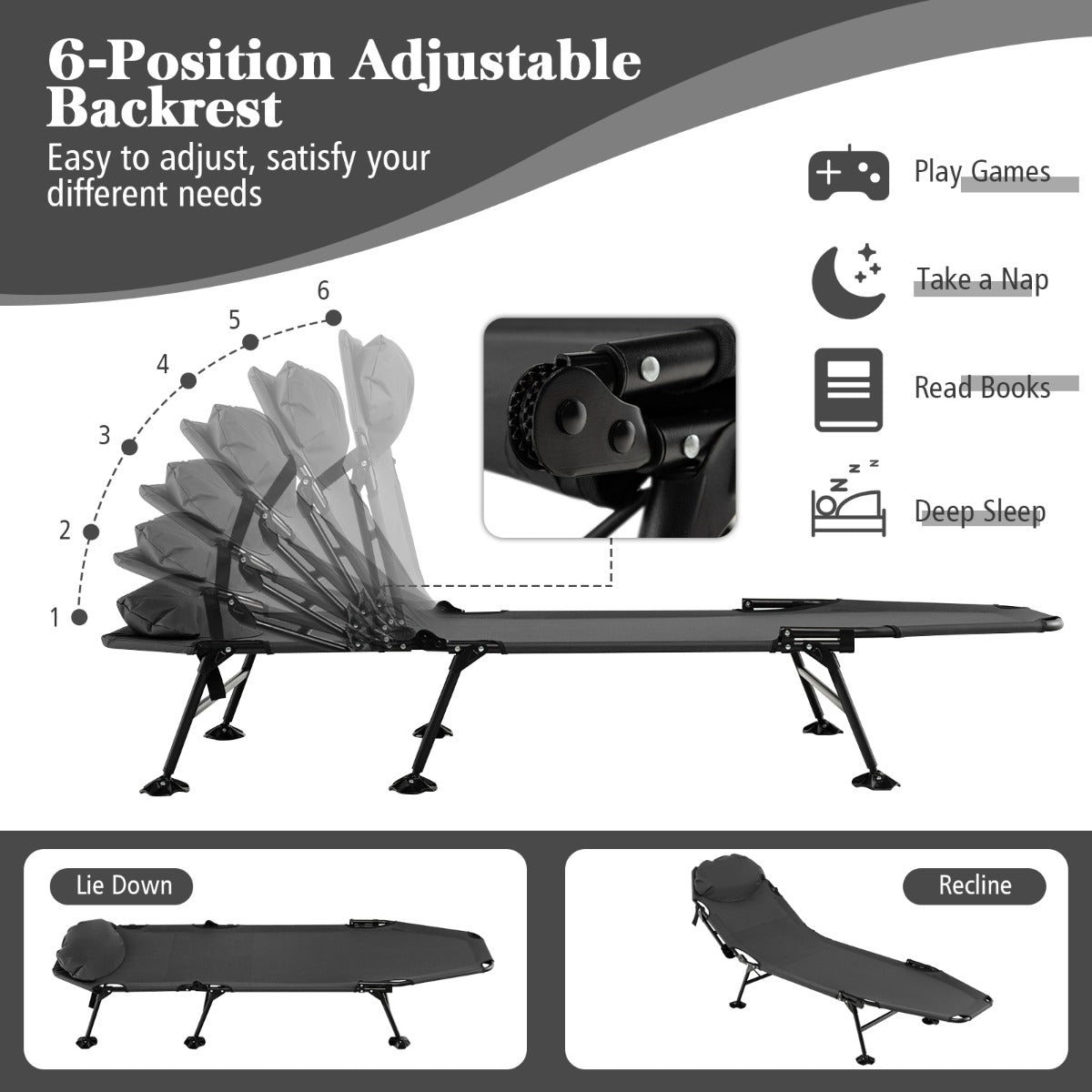 LIVSK Opvouwbaar Campingbed - 6 Verstelbare Standen - Lichtgewicht en Stevig - Draagvermogen tot 200 kg - 194 x 69 x 29 cm - Grijs