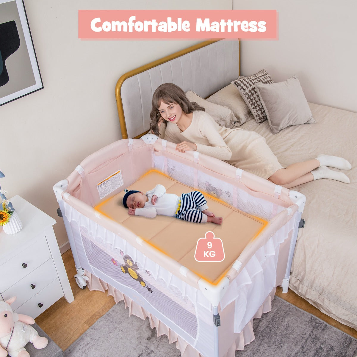 Livsk costway opklapbaar ledikant met afneembare luiertafel ledikantbed met afneembaar gaas en vergrendelbare wielen muziekdoosje en draagtas roze 2