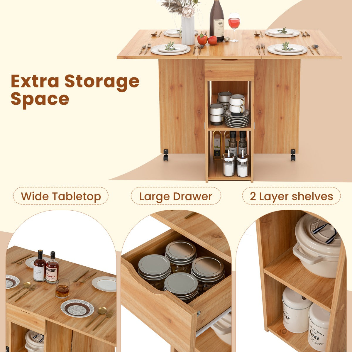 LIVSK Opvouwbare Eettafel - Ruimtebesparend Ontwerp met 2 Opbergplanken en Lade - Voor Eetkamer of Bureau - 120 x 72 x 75 cm -