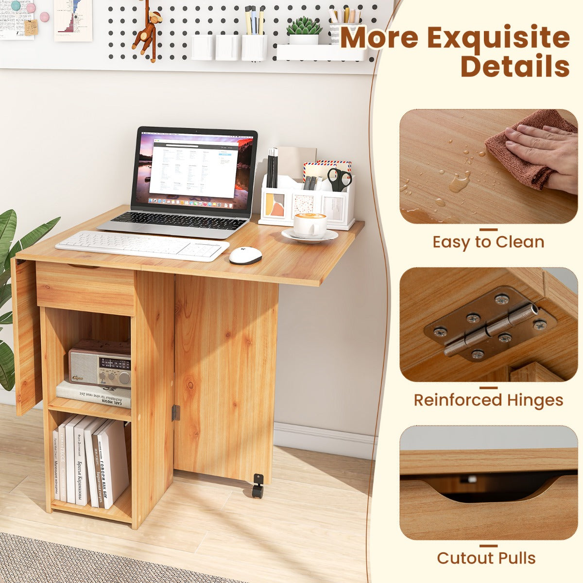 LIVSK Opvouwbare Eettafel - Ruimtebesparend Ontwerp met 2 Opbergplanken en Lade - Voor Eetkamer of Bureau - 120 x 72 x 75 cm -