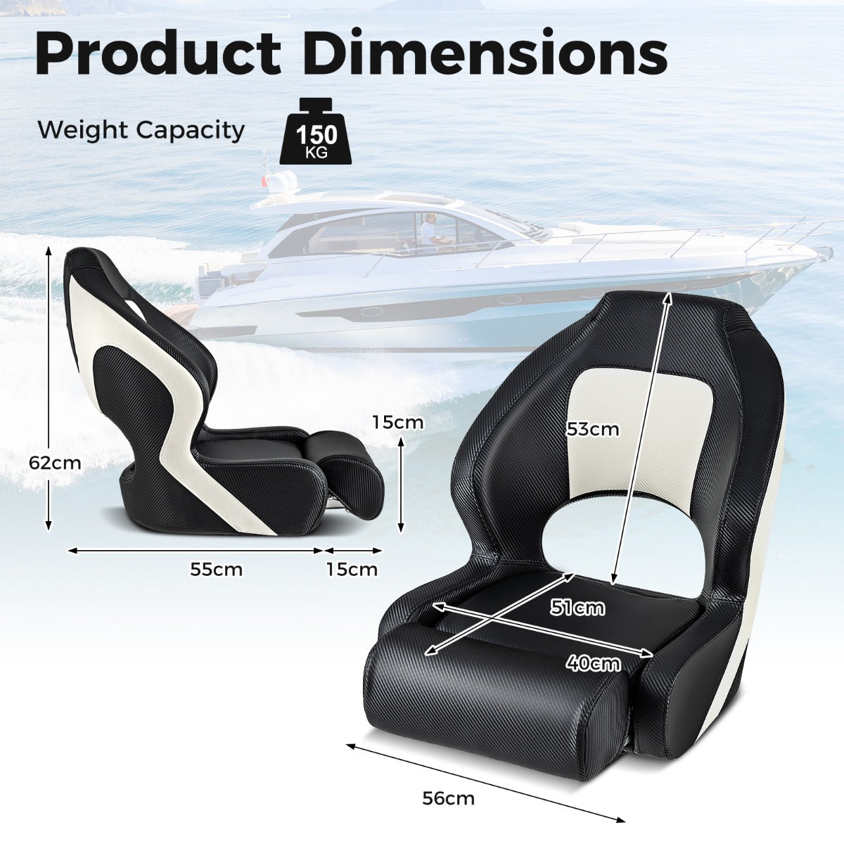 LIVSK kapiteinsbootstoel - Opklapbaar met hoge rugleuning - Waterdicht PVC-leer - Ergonomisch - 56 x 70 x 62 cm - Wit + Zwart