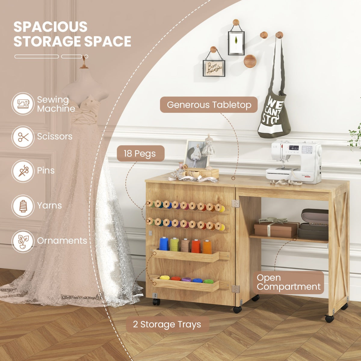Livsk costway opklapbare naaitafel werkbank met schuurdeur en 5 vergrendelbare wielen naturel