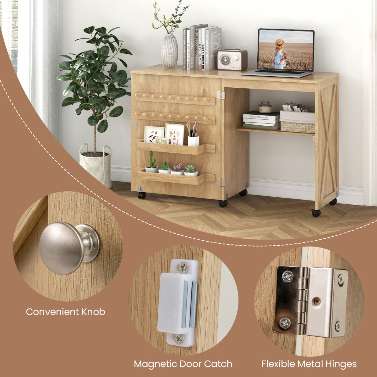 Livsk costway opklapbare naaitafel werkbank met schuurdeur en 5 vergrendelbare wielen naturel