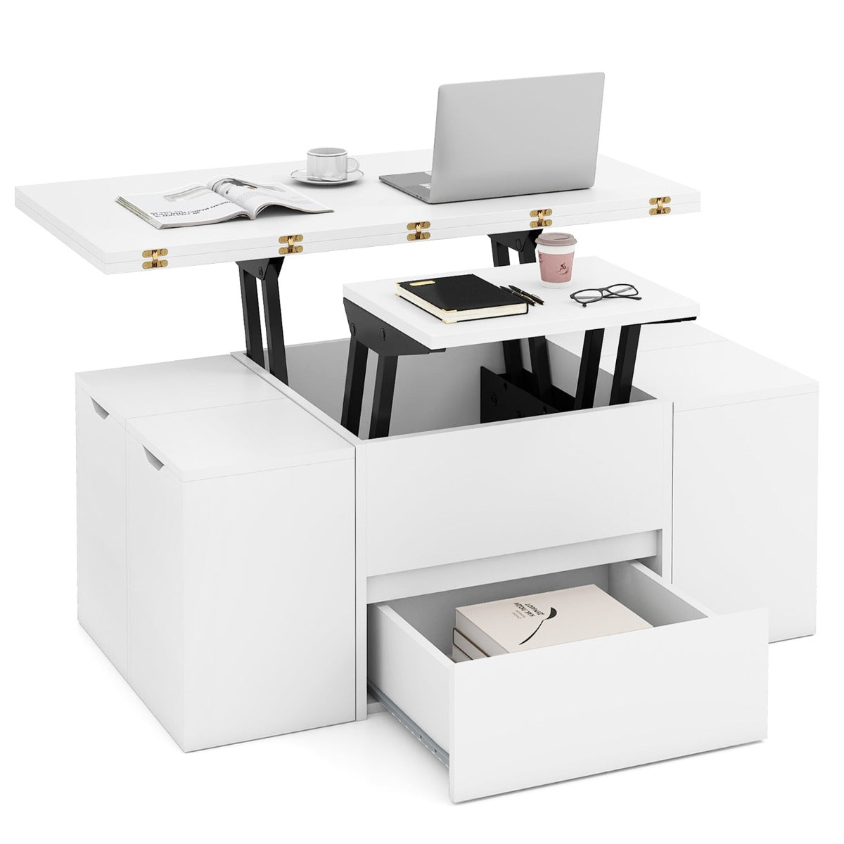 Livsk costway opklapbare salontafel met 4 opbergkrukken 3 in 1 woonkamertafel opklapbaar met verborgen vak lade wit