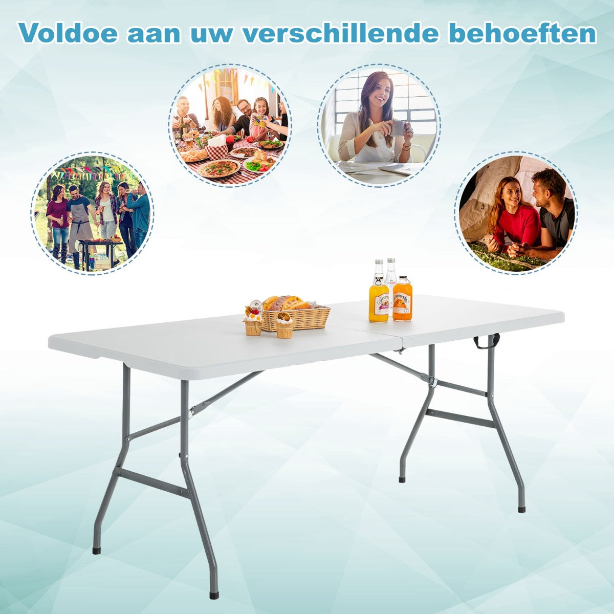 LIVSK Opvouwbare Tuintafel - Draagbaar en Compact - Stalen Frame - Draagvermogen 150 kg - 180 x 73 x 73 cm - Wit