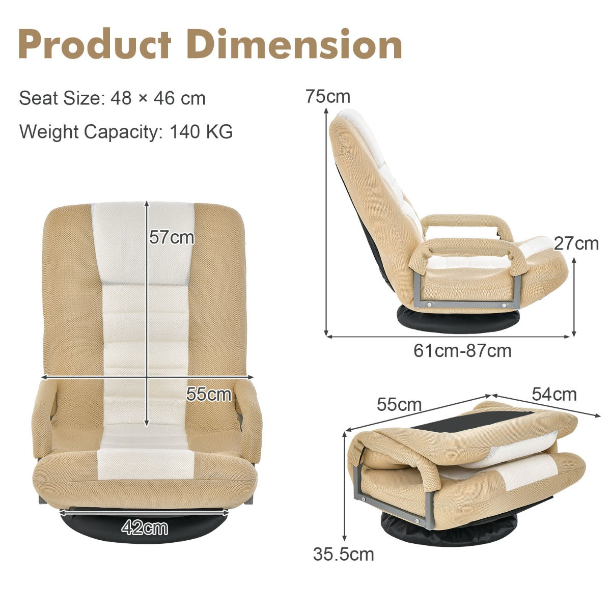 LIVSK Opklapbare Vloerstoel - Ergonomisch Ontwerp met 6-Voudig Verstelbare Rugleuning - Draaibare Basis - Max. 140 KG - Beige