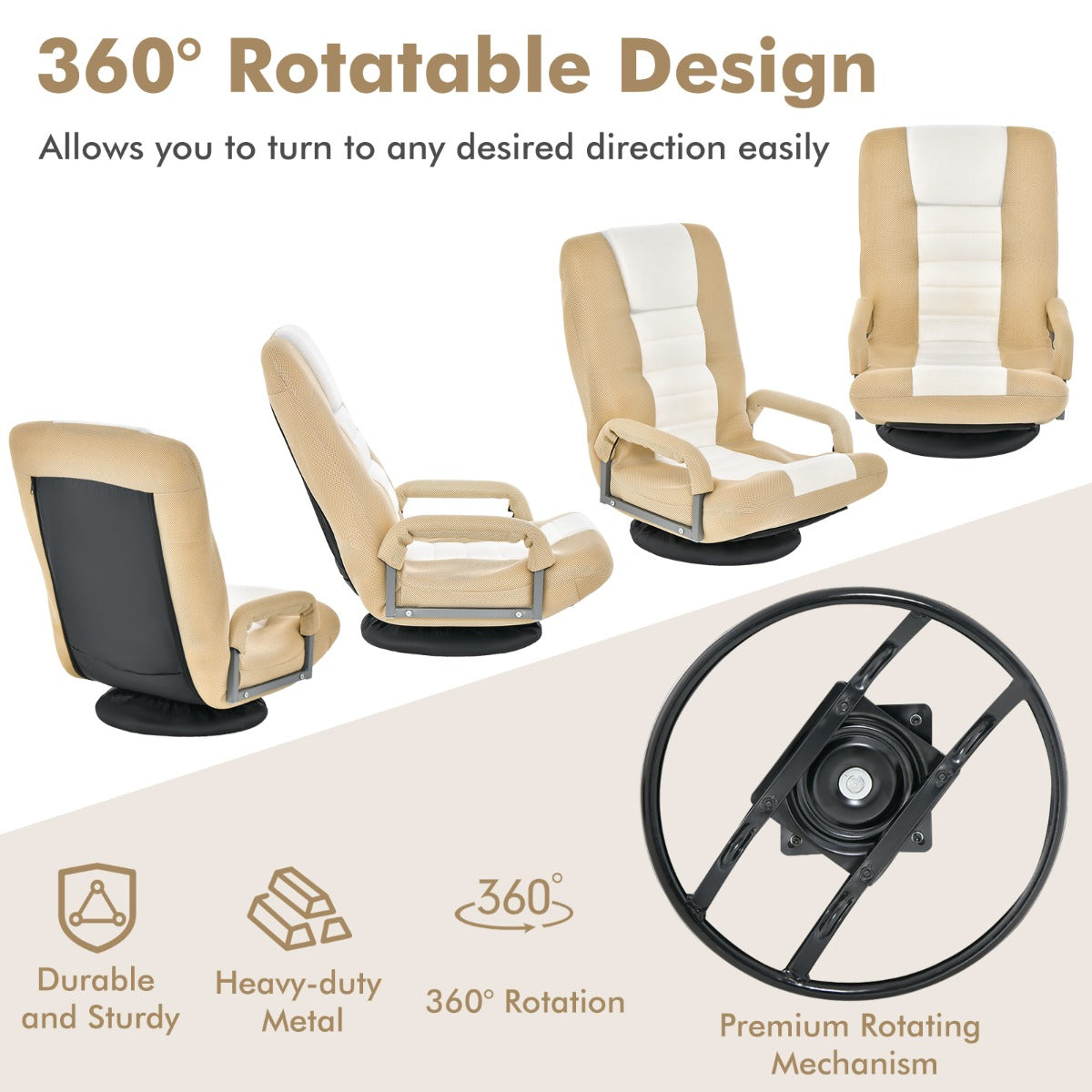 LIVSK Opklapbare Vloerstoel - Ergonomisch Ontwerp met 6-Voudig Verstelbare Rugleuning - Draaibare Basis - Max. 140 KG - Beige