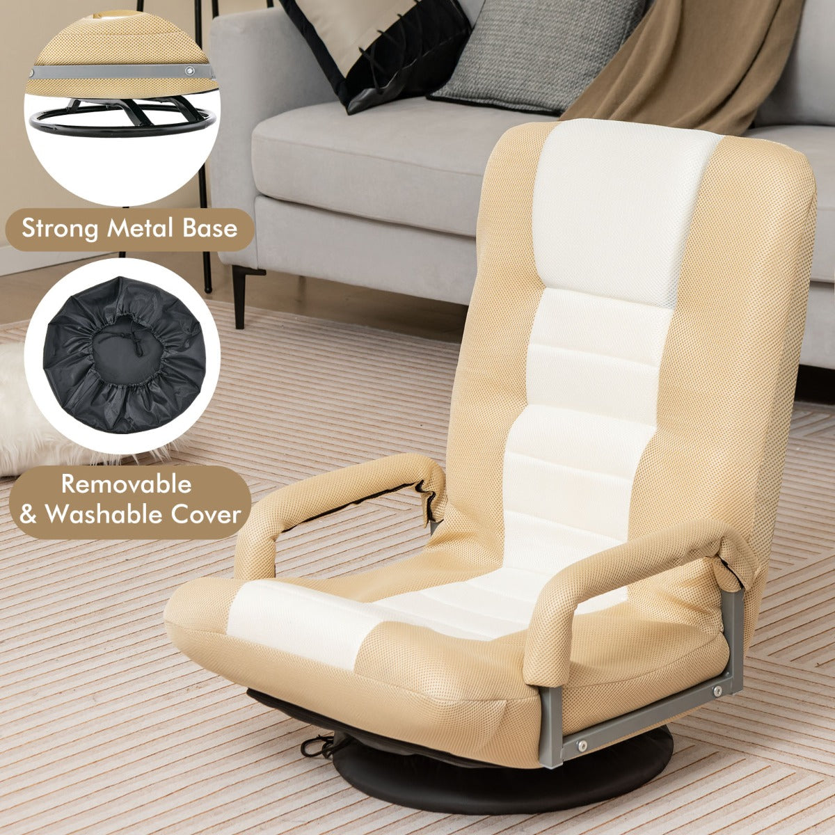 LIVSK Opklapbare Vloerstoel - Ergonomisch Ontwerp met 6-Voudig Verstelbare Rugleuning - Draaibare Basis - Max. 140 KG - Beige