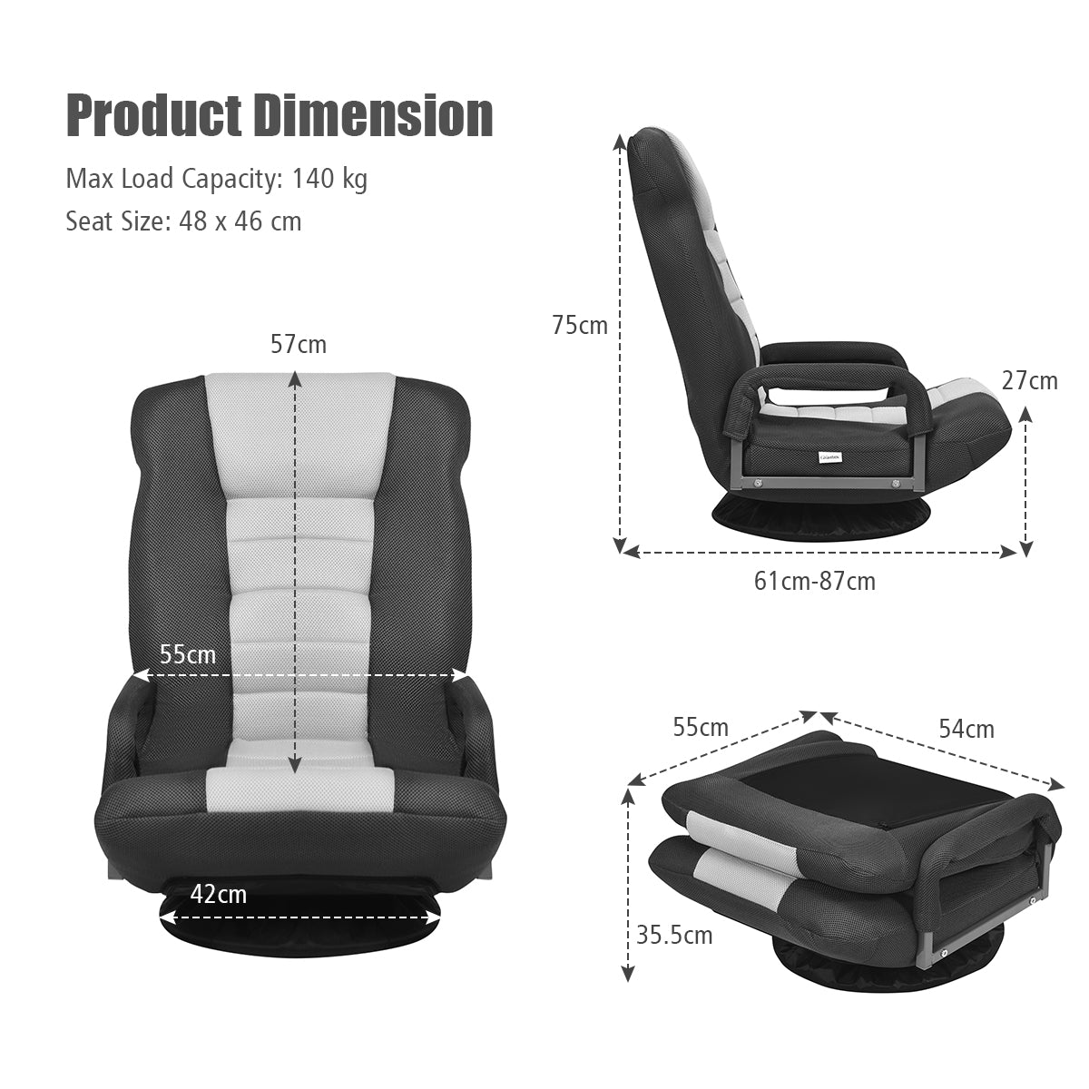 LIVSK Opvouwbare Vloer Gaming Stoel - Verstelbare 6 Posities - 360° Draaibaar - Ergonomisch - 61-87 x 55 x 75 cm - Grijs