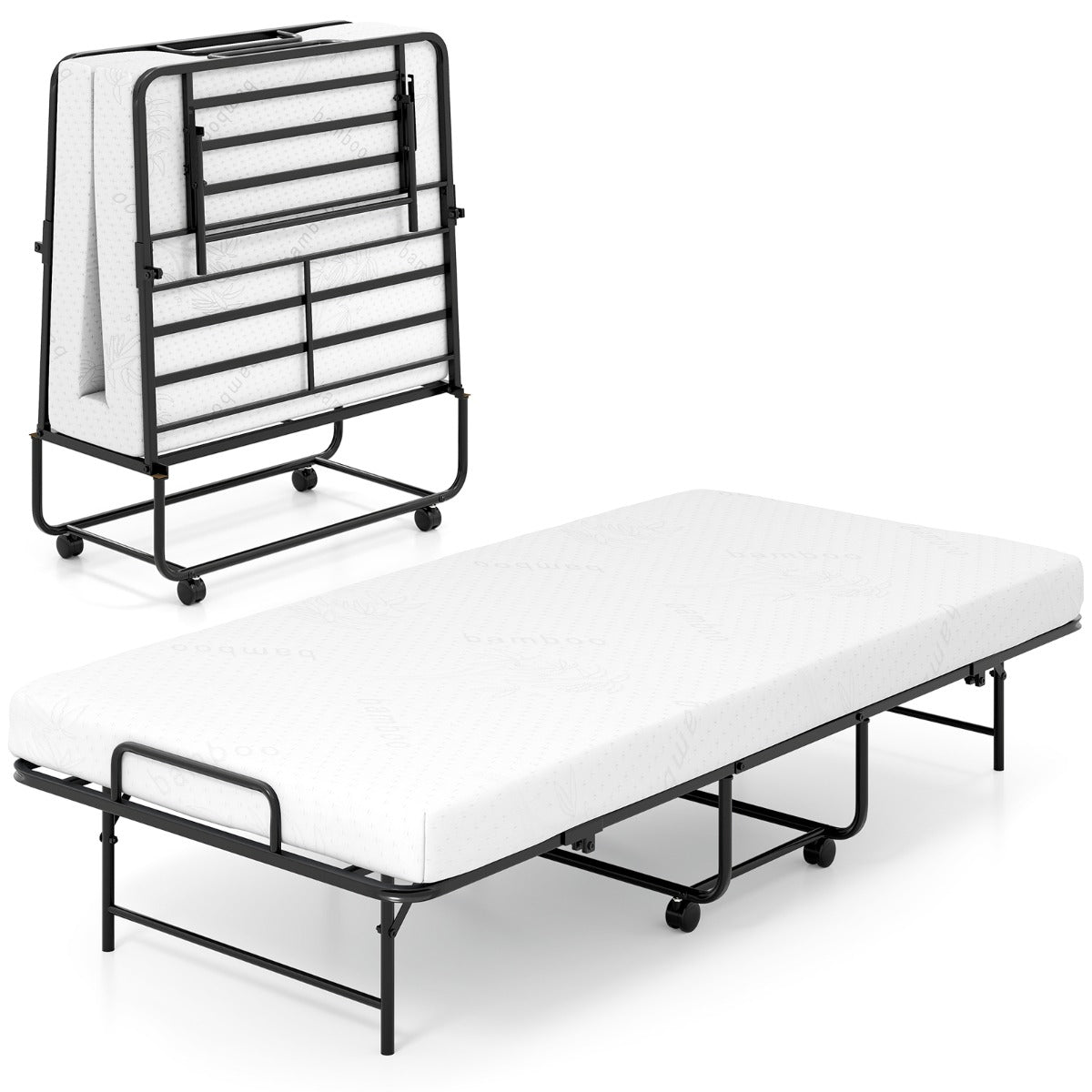 LIVSK Opklapbed met Matras - Ruimtebesparend en Draagbaar - Stevig Metalen Frame - Tot 220 kg - Inclusief Wielen - Zwart