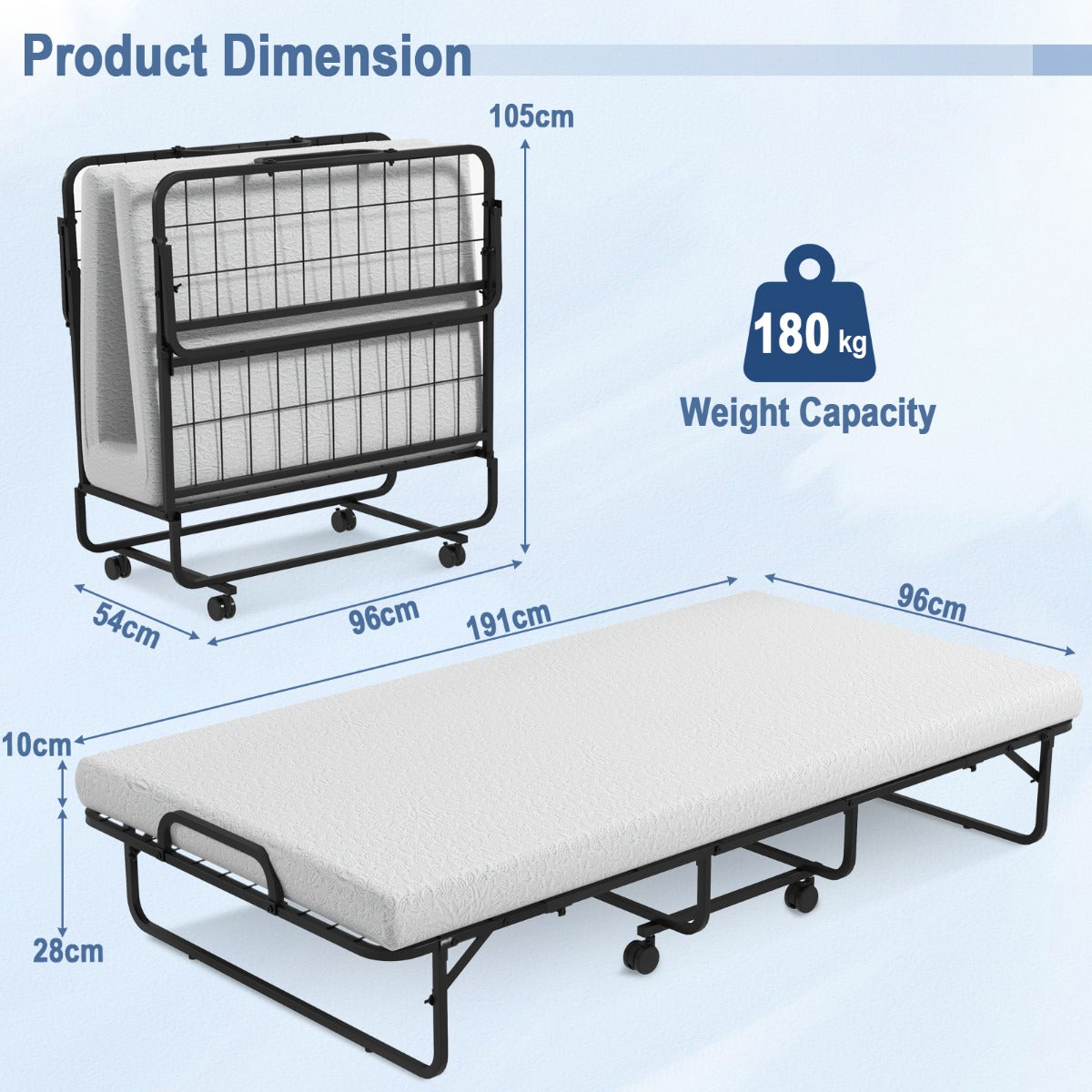 Livsk costway opklapbed met traagschuimmatras opklapbaar logeerbed met stevig metalen frame draagbaar opklapbed voor volwassenen en kinderen 1 1