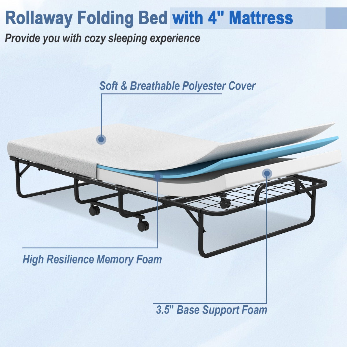 Livsk costway opklapbed met traagschuimmatras opklapbaar logeerbed met stevig metalen frame draagbaar opklapbed voor volwassenen en kinderen 4