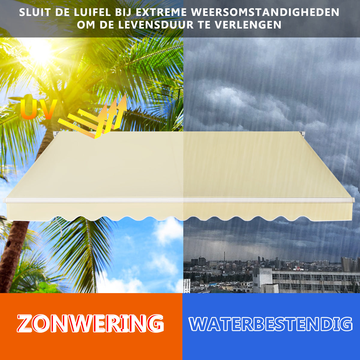 LIVSK Oprolbare Luifel Aluminium - Waterdicht Polyester - Verstelbare Kanteling - Eenvoudige Installatie - 3m x 2,5m - Beige